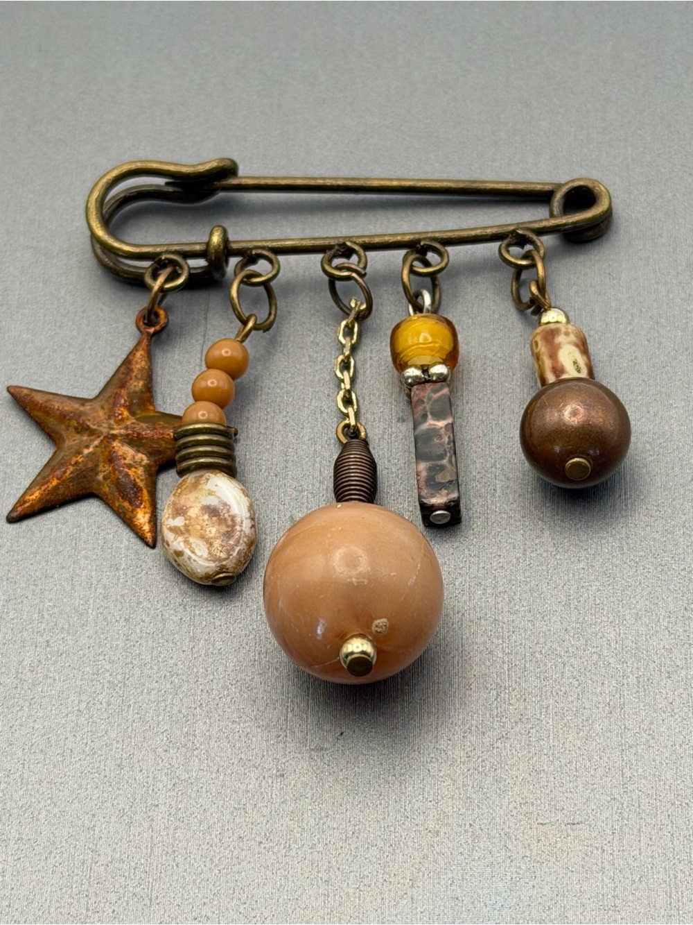 Rustic Star Charm Safety Pin Brooch with Earth Tone Beads